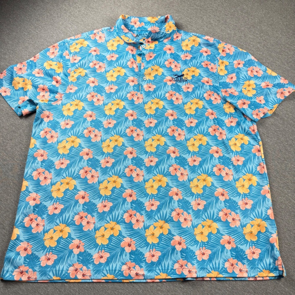 Bermuda Sands Mens XL Blue Tropical Hibiscus Golf Polo Fox Run Country Club